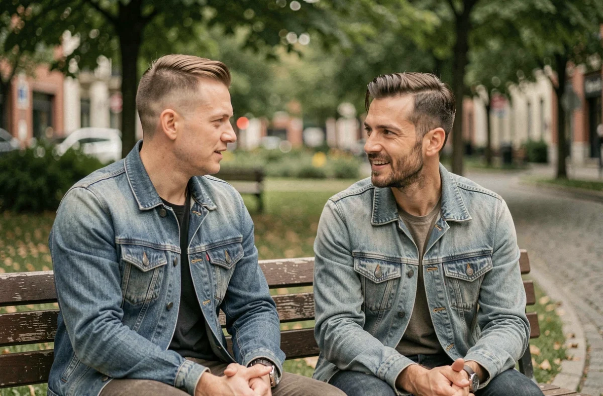 Comparaison visuelle entre deux hommes aux coupes taper à différents stades de repousse, assis dans un parc urbain