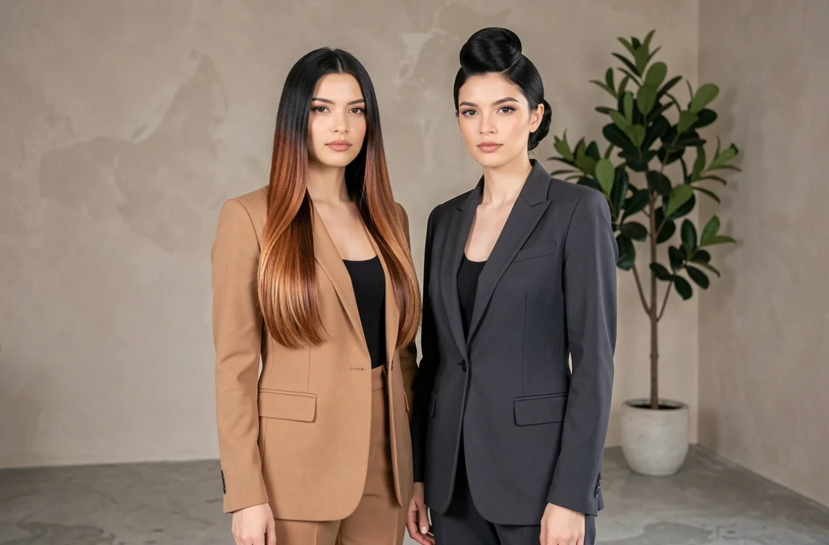 Deux femmes côte à côte dans un studio beauté minimaliste, coiffure ombré cuivré versus chignon satin noir, comparatif tendances cheveux 2026