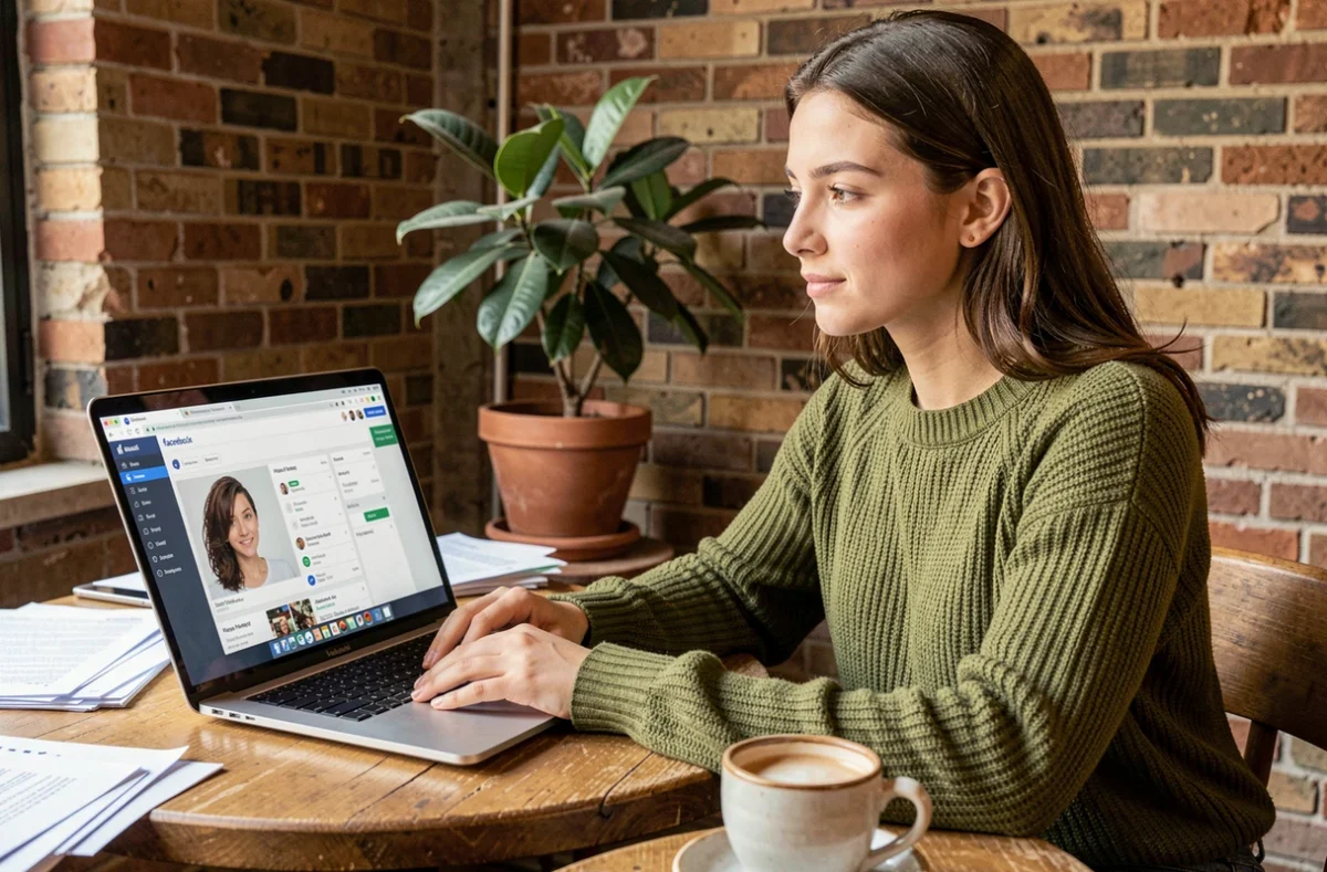 Jeune femme connectant son compte Hairnet à Facebook depuis son ordinateur portable dans un café pour gérer ses rendez-vous en ligne