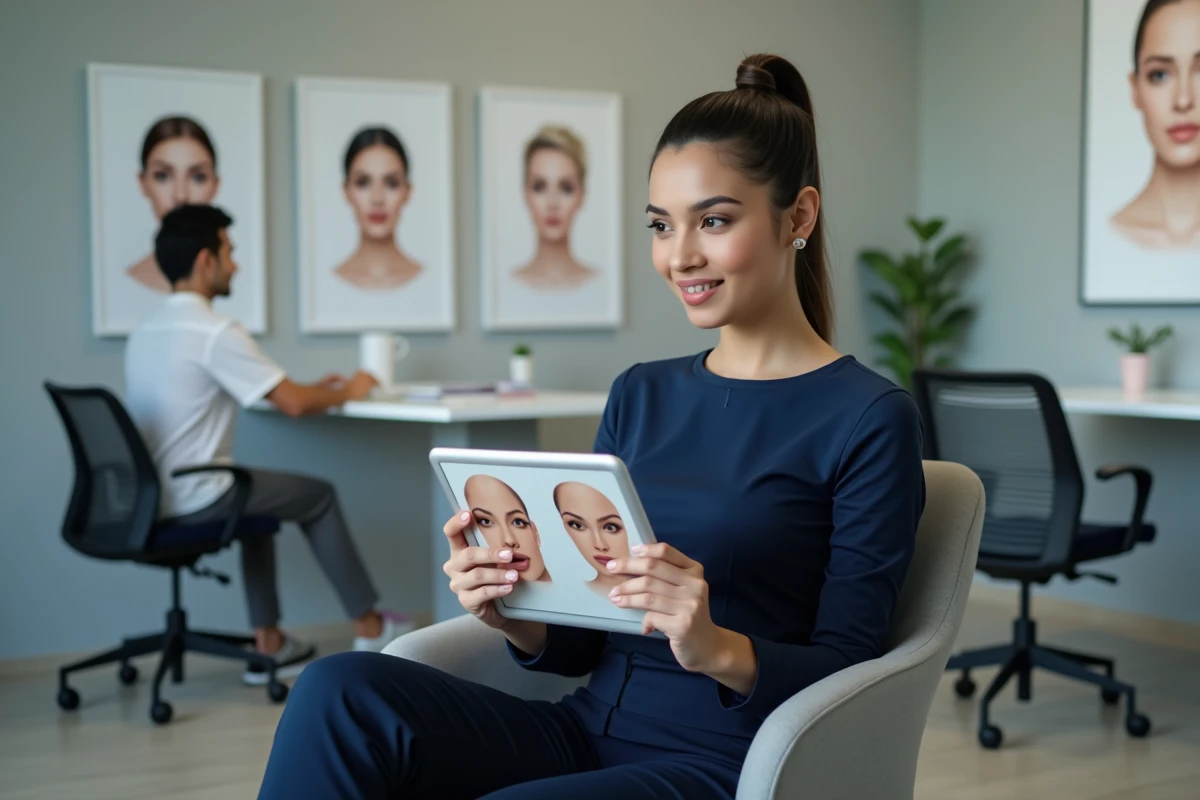 Femme lors d'une consultation en chirurgie esthétique tenant une tablette avec des analyses de symétrie faciale