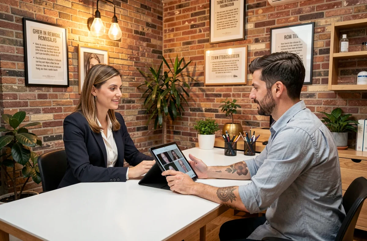 Consultation pour détatouage laser dans un studio du Marais à Paris, conseillère discutant d'un plan de correction de tatouage avant recouvrement avec un client