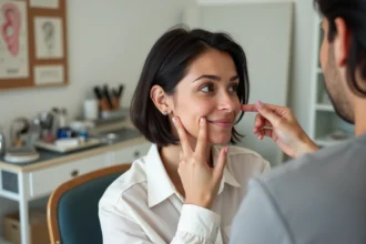 Jeune femme consultant un perceur dans un studio moderne en désignant différentes zones de son oreille avec des piercings helix et tragus visibles