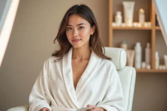Femme à peau claire en consultation dans un salon de bronzage parisien Point Soleil tenant un guide des types de peau