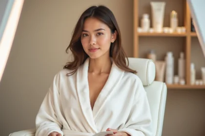 Femme à peau claire en consultation dans un salon de bronzage parisien Point Soleil tenant un guide des types de peau