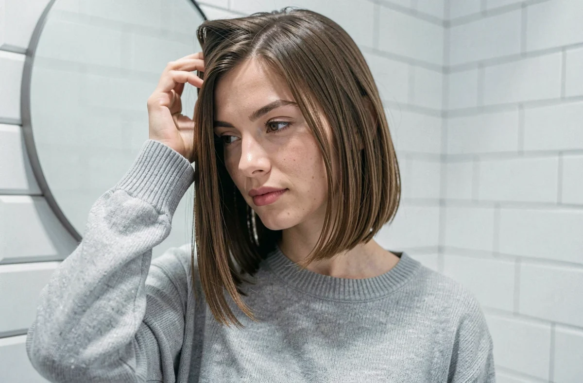 Femme avec cheveux fins et carré plongeant asymétrique se regardant dans un miroir de salle de bain
