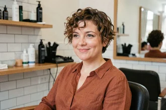 Femme aux cheveux bouclés courts en coupe pixie adaptée au visage rond, assise dans un salon de coiffure moderne