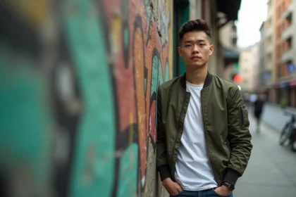 Jeune homme avec une coupe fade et crop texturé, style urbain devant un mur de street art