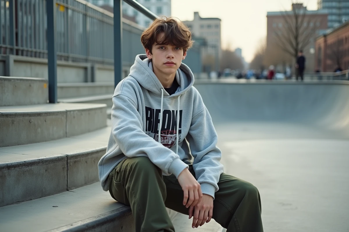 Adolescent avec une coupe rideau mi-longue assis sur des marches en béton dans un skate park urbain