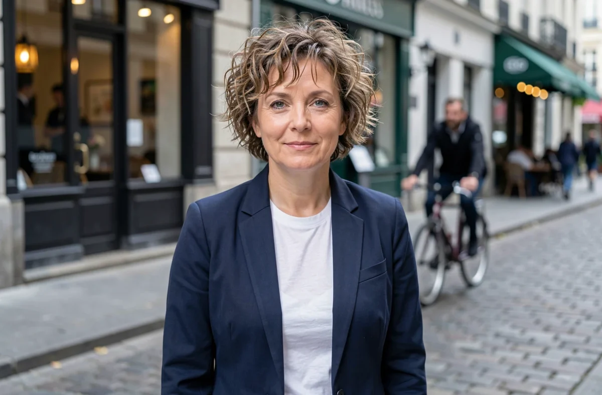 Femme de 40 ans avec une coupe courte bouclée shag à couches volumineuses, photographiée dans une rue pavée européenne
