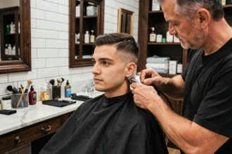 Jeune homme assis dans un fauteuil de barbier pendant une coupe taper réalisée par un coiffeur professionnel dans un salon vintage