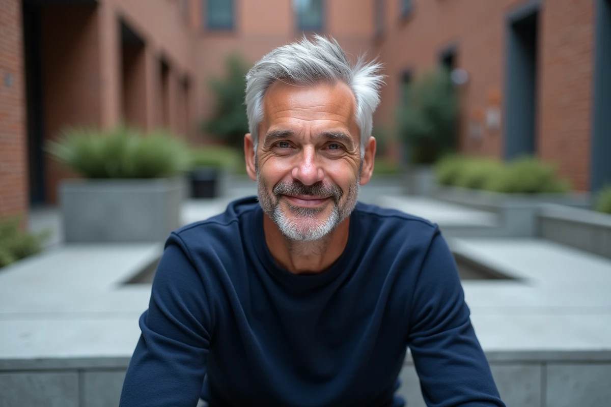Homme aux cheveux grisonnants avec dégradé discret et pull marine en extérieur urbain