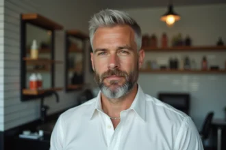 Homme avec dégradé blanc discret et chemise blanche dans un barbershop moderne