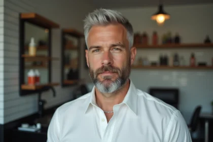 Homme avec dégradé blanc discret et chemise blanche dans un barbershop moderne