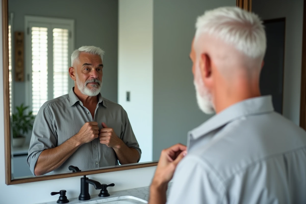 Homme de 50 ans avec dégradé blanc soigné se regardant dans un miroir de salle de bain moderne