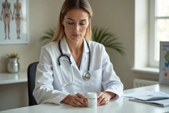 Dermatologue femme comparant deux crèmes de soin cutané dans un cabinet médical moderne