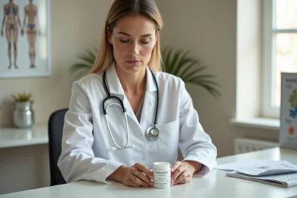 Dermatologue femme comparant deux crèmes de soin cutané dans un cabinet médical moderne