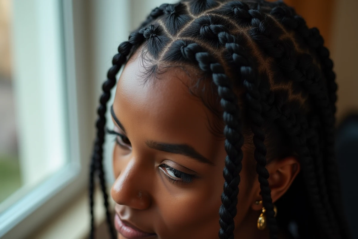 Gros plan sur les tresses box braids soigneusement réalisées avec séparations géométriques nettes et accessoires dorés