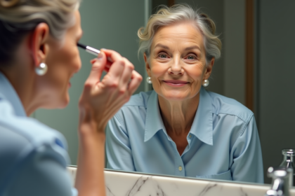 Femme de 60 ans appliquant du mascara devant un miroir