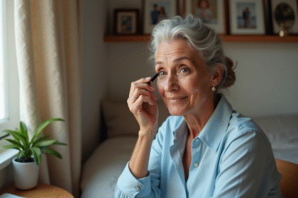 Femme de 70 ans appliquant du mascara avec sourire chaleureux