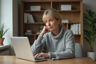 Femme analysant des avis négatifs sur une crème de soin Nuvaskin depuis son ordinateur portable à domicile