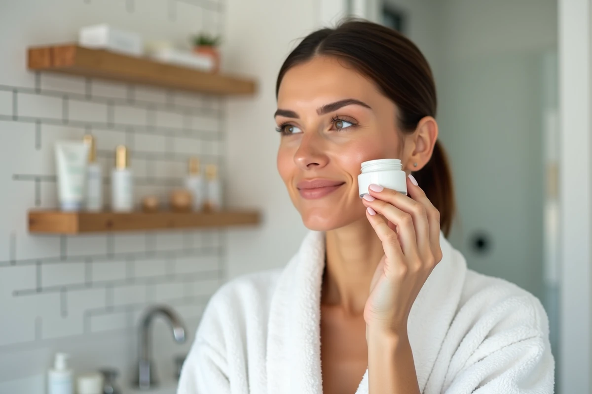 Femme appliquant une crème dermatologique dans une salle de bain moderne lors de sa routine de soin