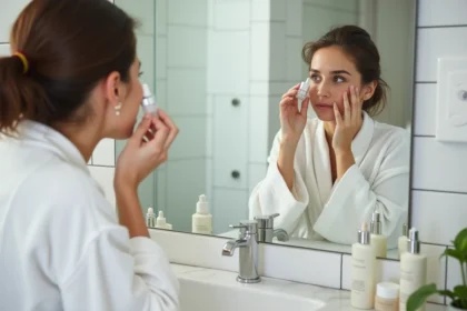 Femme appliquant un sérum visage avec un compte-gouttes dans une salle de bain moderne et minimaliste
