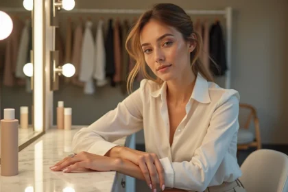 Femme confiante devant un miroir de loge, maquillage naturel et tenue élégante, illustration beauté naturelle et chirurgie esthétique