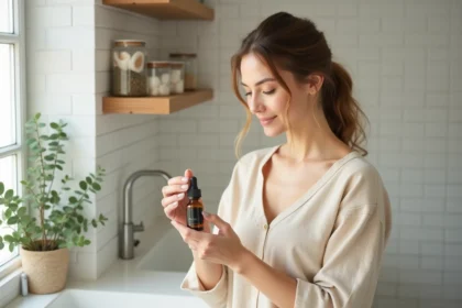 Femme au naturel examinant un sérum végétal dans une salle de bain minimaliste et épurée