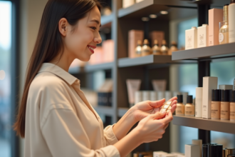 Femme souriante examinant des nuances de fond de teint en magasin