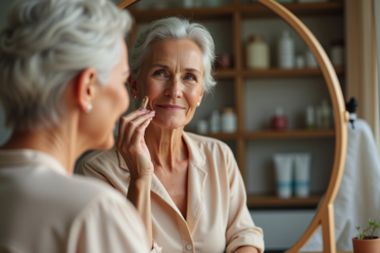 Femme d'environ 50 ans appliquant du fond de teint