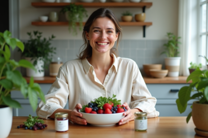 Femme souriante tenant un bol de fruits rouges dans une cuisine lumineuse