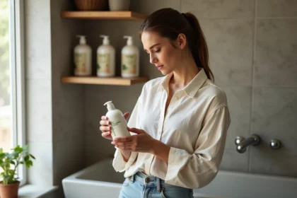 Femme lisant une étiquette de shampoing bio dans une salle de bain moderne