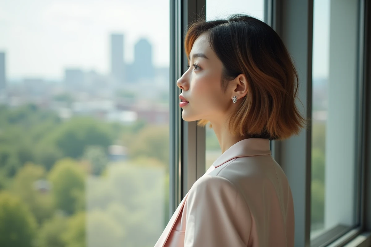 Femme avec carré balayage regardant la ville par la fenêtre