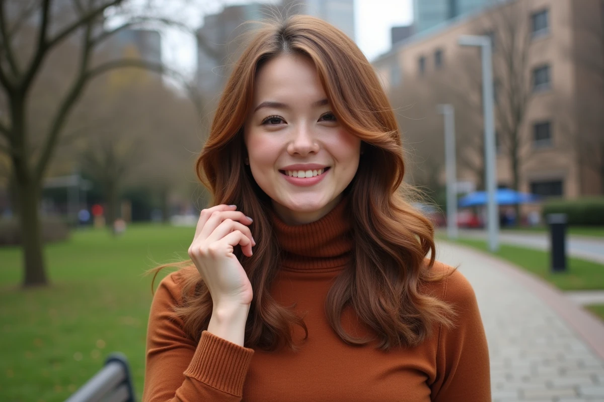 Femme avec cheveux volumineux qui se coiffe dans un parc urbain