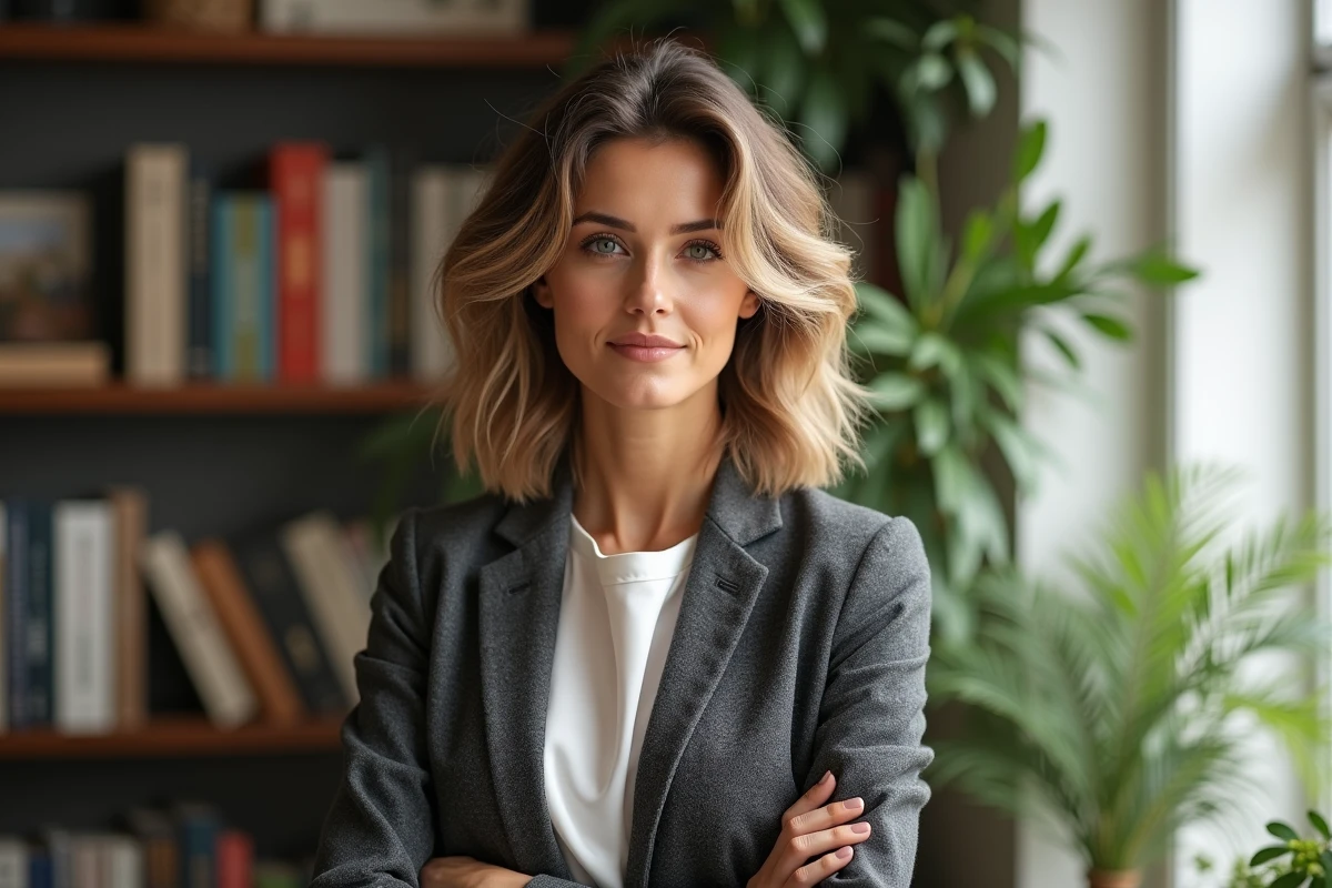 Femme confiante avec coupe mi-longue et blazer blanc