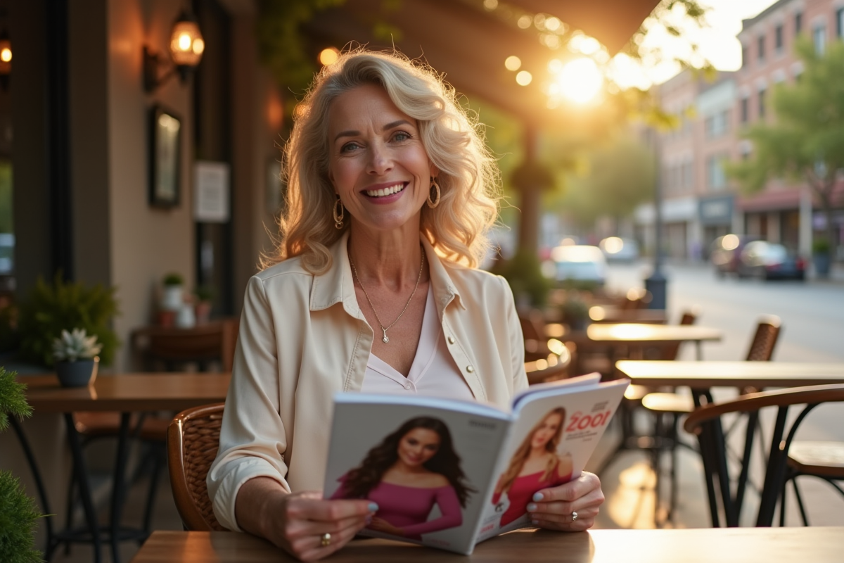 Femme confiante de 50 ans au café en plein air