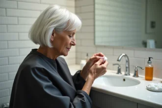 Femme aux cheveux blancs appliquant de la bétadine diluée sur ses cheveux dans une salle de bain soignée