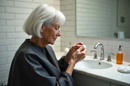 Femme aux cheveux blancs appliquant de la bétadine diluée sur ses cheveux dans une salle de bain soignée