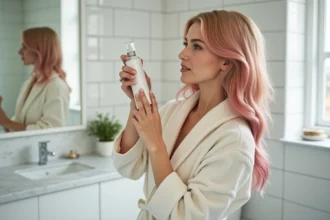 Femme aux cheveux colorés rose gold appliquant un spray protecteur thermique avant la coiffure dans une salle de bain moderne