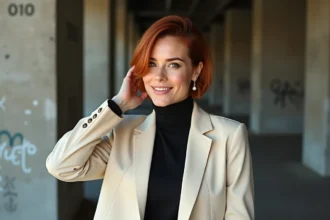 Femme élégante avec coupe moderne et cheveux cuivrés