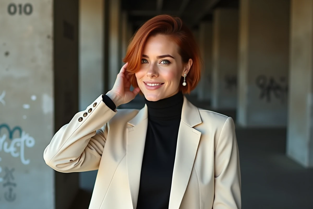 Femme élégante avec coupe moderne et cheveux cuivrés