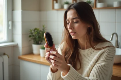 Femme en réflexion avec brosse à cheveux dans une salle de bain lumineuse