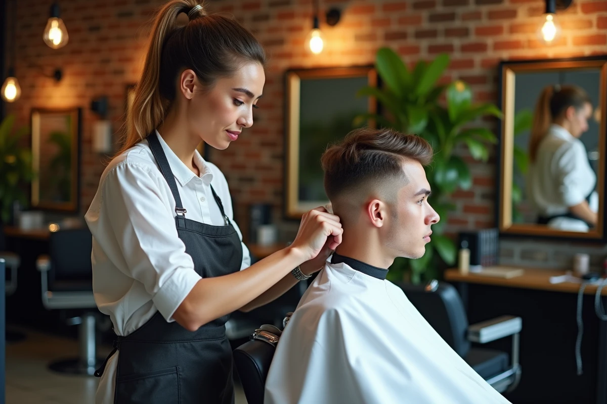 Femme coiffeuse débutante observant une démonstration en salon urbain