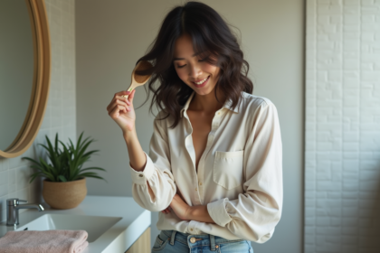 Femme coiffant ses cheveux dans une salle de bain moderne