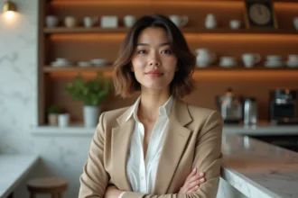 Femme aux cheveux courts en carré plongeant dans un café parisien, coupe ultra chic et moderne