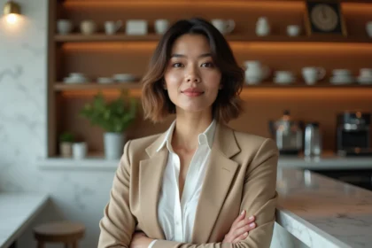 Femme aux cheveux courts en carré plongeant dans un café parisien, coupe ultra chic et moderne