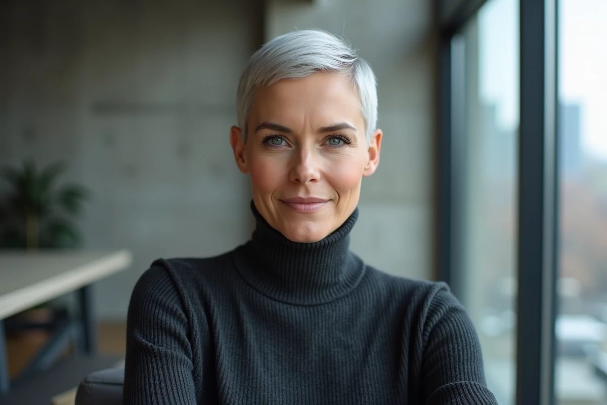 Femme d'une quarantaine d'années avec une coupe pixie courte et élégante, tendance cheveux courts ultra chic