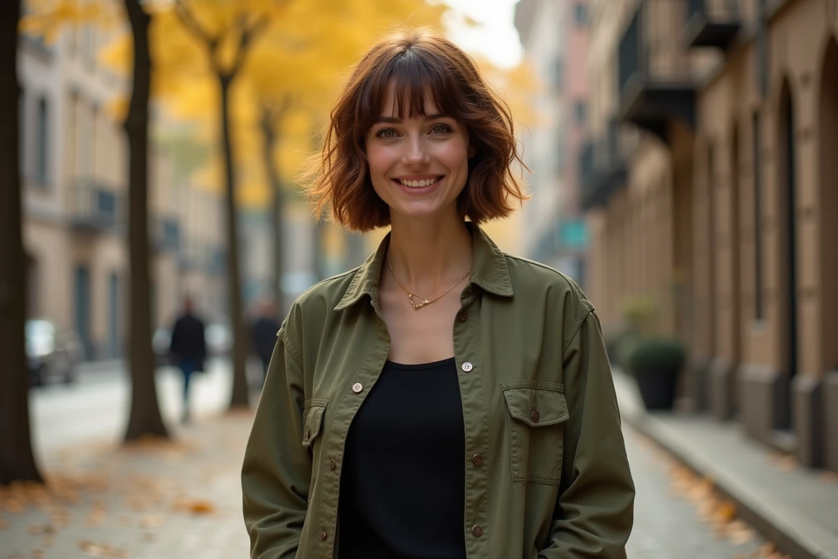 Jeune femme avec une coupe courte shag texturée dans une rue pavée en automne, style chic et décontracté