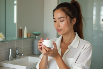 Femme examinant un pot de creme visage dans sa salle de bain