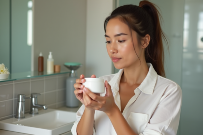 Femme examinant un pot de creme visage dans sa salle de bain